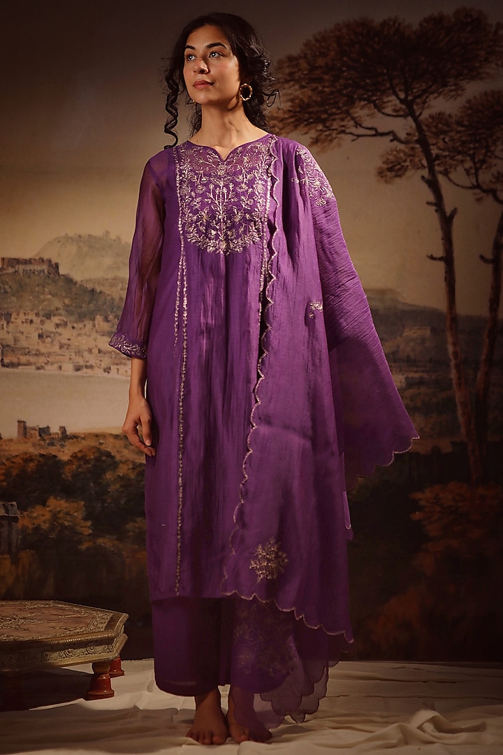Purple Handloom Chanderi Embroidered Kurta Set by TATWA