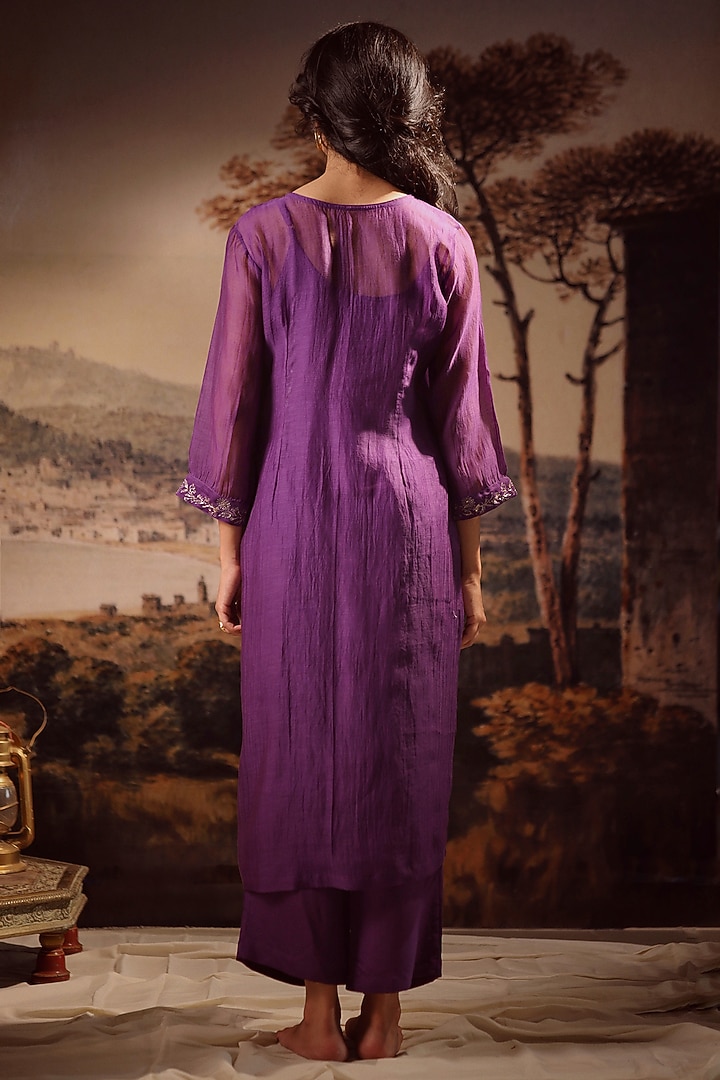 Purple Handloom Chanderi Embroidered Kurta Set by TATWA at Pernia's Pop Up Shop