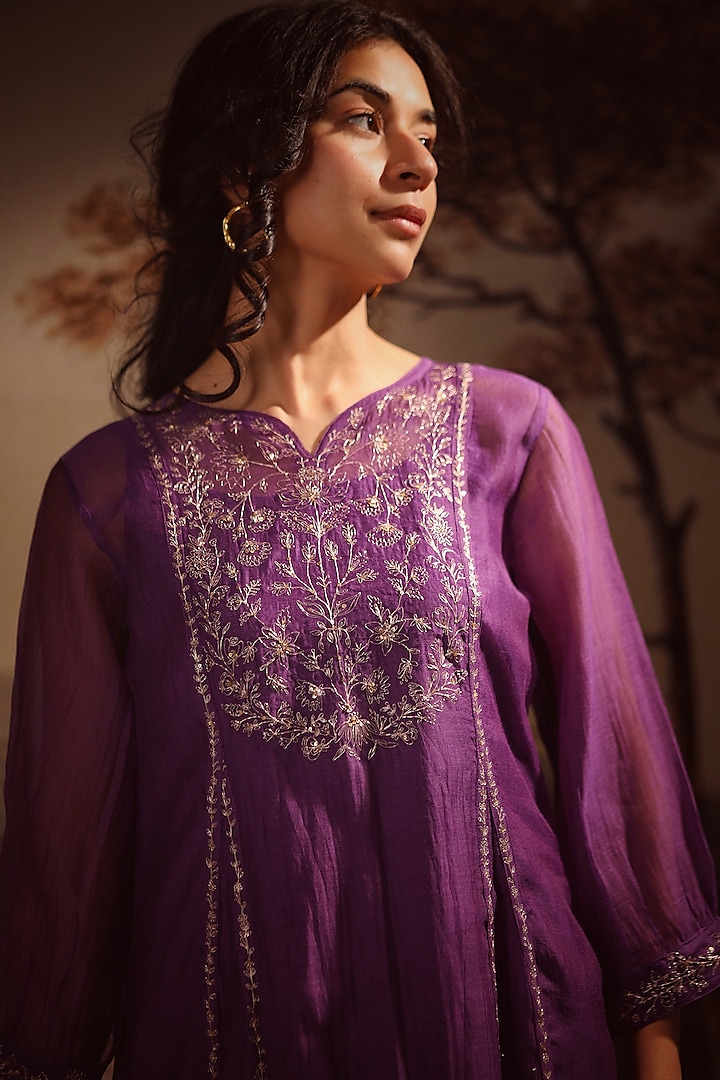 Purple Handloom Chanderi Embroidered Kurta Set by TATWA at Pernia's Pop Up Shop