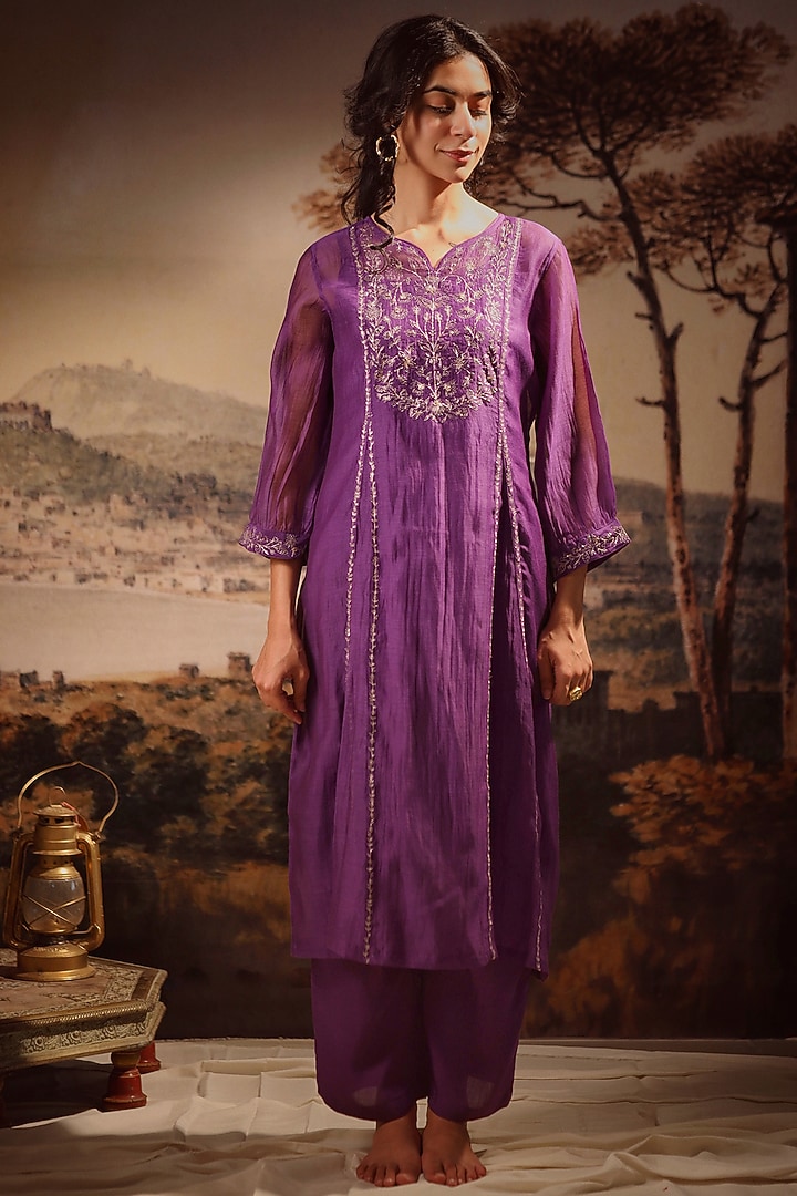 Purple Handloom Chanderi Embroidered Kurta Set by TATWA at Pernia's Pop Up Shop