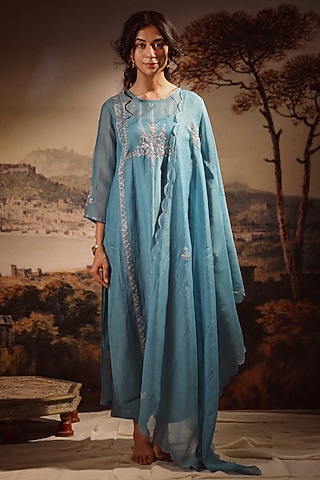 Turquoise Handloom Chanderi Embroidered Kurta Set by TATWA