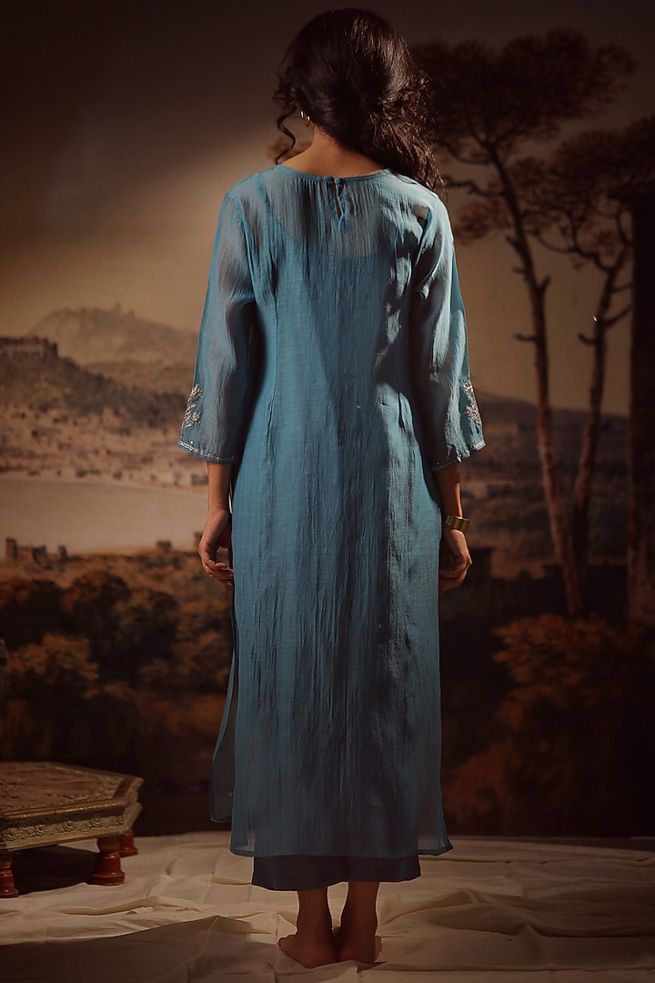 Turquoise Handloom Chanderi Embroidered Kurta Set by TATWA at Pernia's Pop Up Shop
