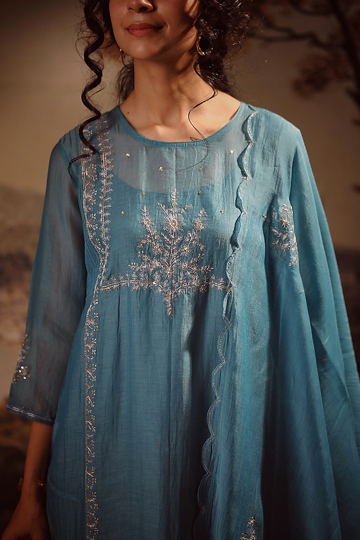Turquoise Handloom Chanderi Embroidered Kurta Set by TATWA at Pernia's Pop Up Shop