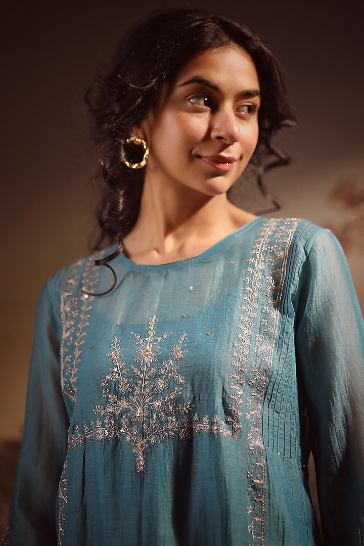 Turquoise Handloom Chanderi Embroidered Kurta Set by TATWA at Pernia's Pop Up Shop