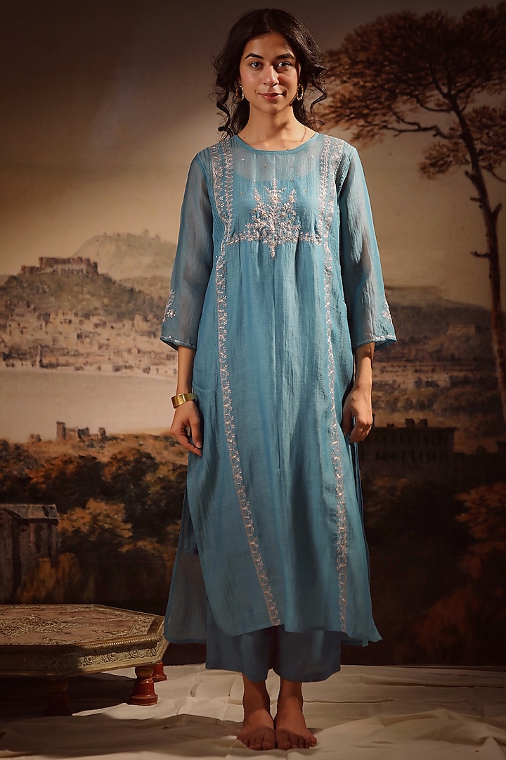 Turquoise Handloom Chanderi Embroidered Kurta Set by TATWA at Pernia's Pop Up Shop