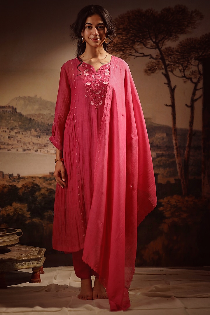 Hot Pink Handloom Chanderi Embroidered Kurta Set by TATWA