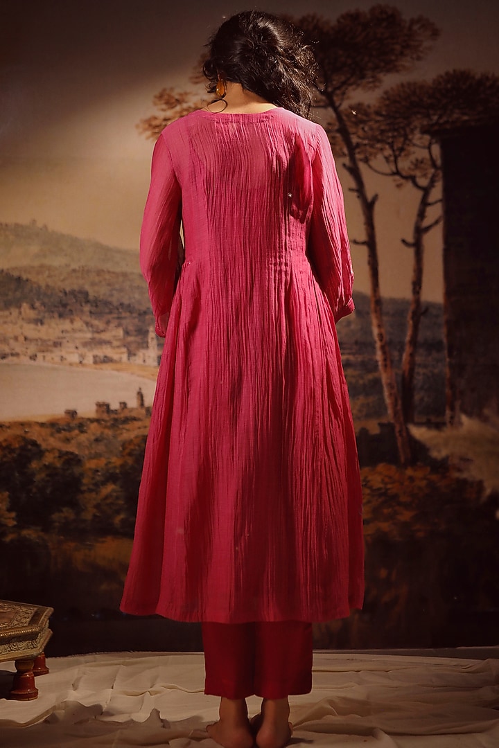 Hot Pink Handloom Chanderi Embroidered Kurta Set by TATWA at Pernia's Pop Up Shop