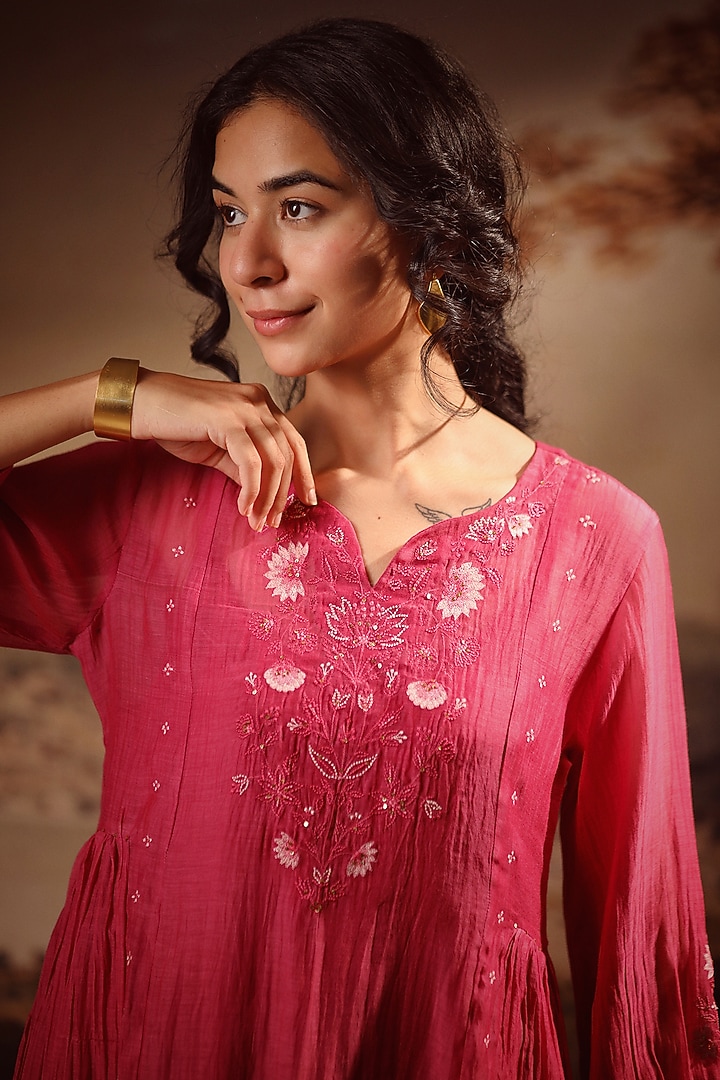 Hot Pink Handloom Chanderi Embroidered Kurta Set by TATWA at Pernia's Pop Up Shop