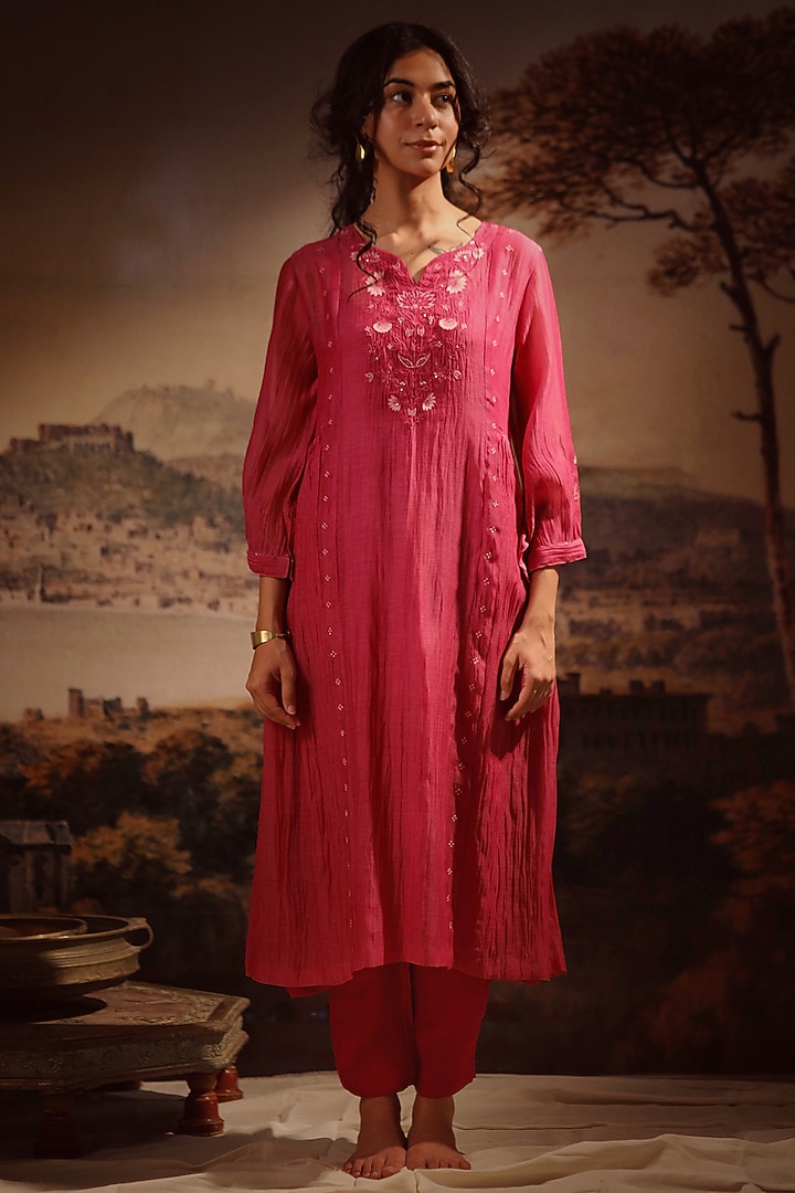 Hot Pink Handloom Chanderi Embroidered Kurta Set by TATWA at Pernia's Pop Up Shop