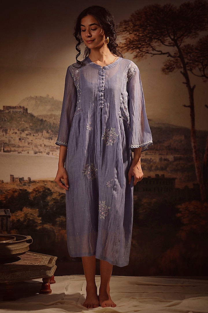 Blue Handloom Chanderi Embroidered Shirt Dress by TATWA