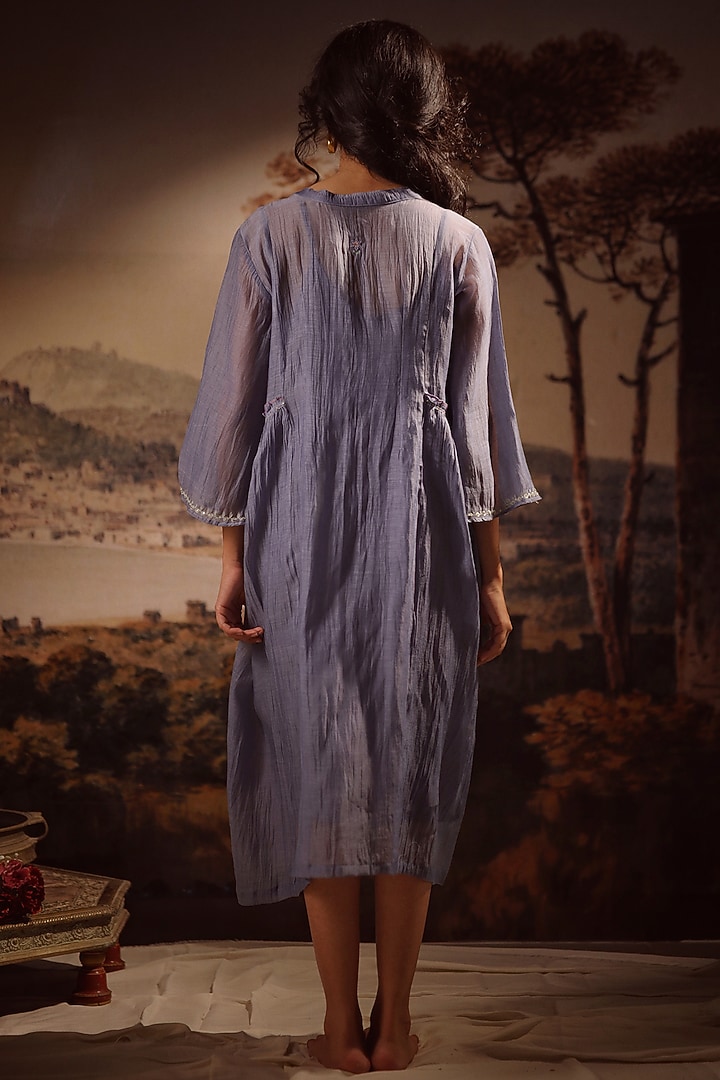 Blue Handloom Chanderi Embroidered Summer Shirt Dress by TATWA at Pernia's Pop Up Shop