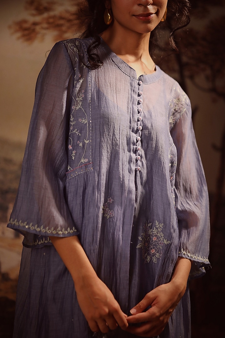 Blue Handloom Chanderi Embroidered Summer Shirt Dress by TATWA at Pernia's Pop Up Shop