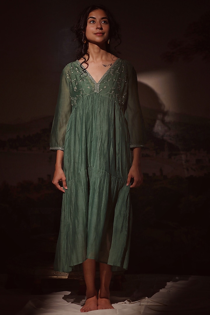 Bottle Green Handloom Chanderi Embroidered Dress by TATWA