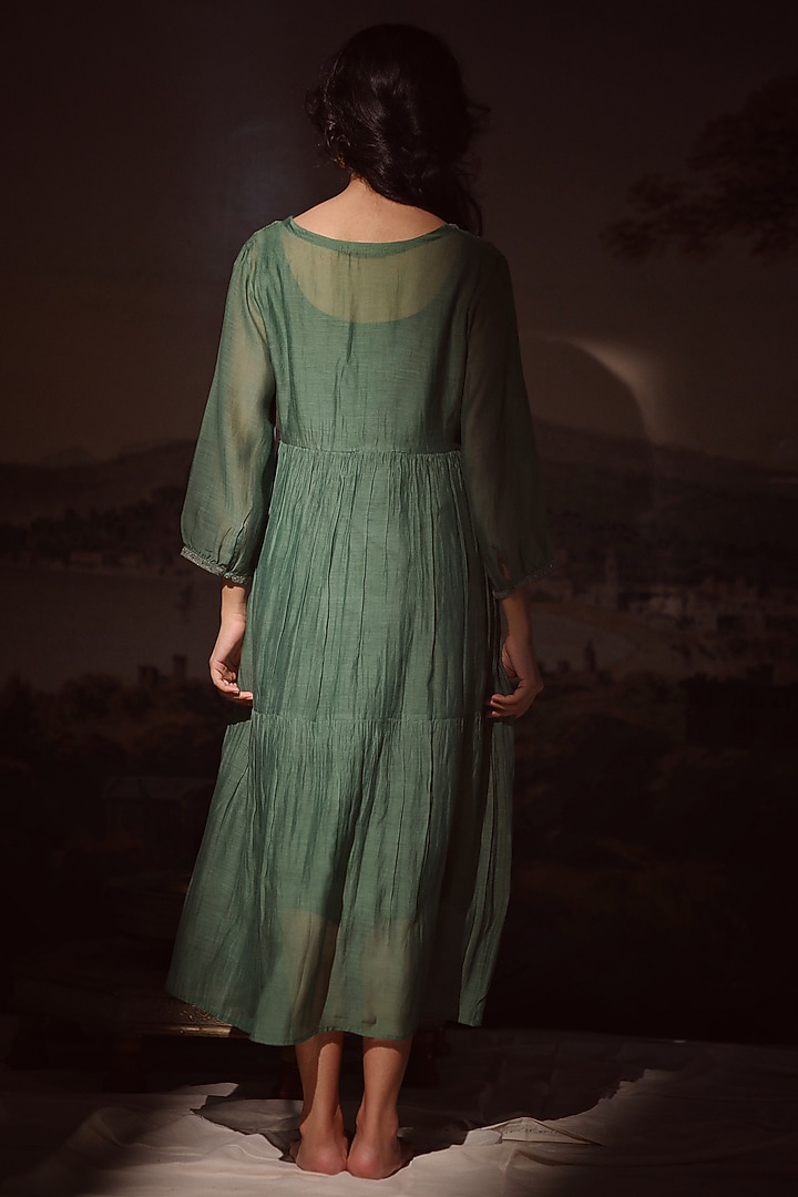 Bottle Green Handloom Chanderi Embroidered Summer Dress by TATWA at Pernia's Pop Up Shop
