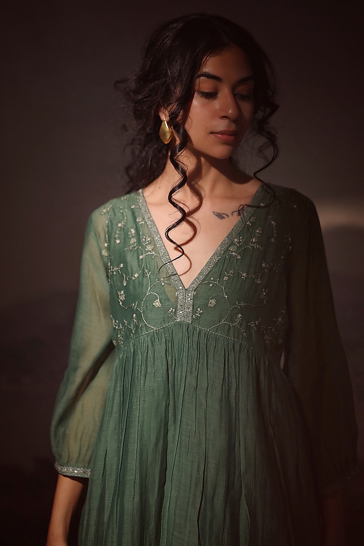 Bottle Green Handloom Chanderi Embroidered Summer Dress by TATWA at Pernia's Pop Up Shop