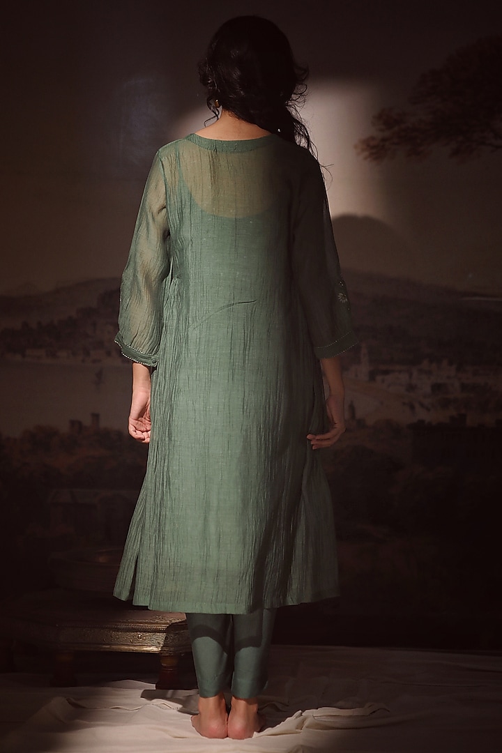 Bottle Green Handloom Chanderi Embroidered Kurta Set by TATWA at Pernia's Pop Up Shop
