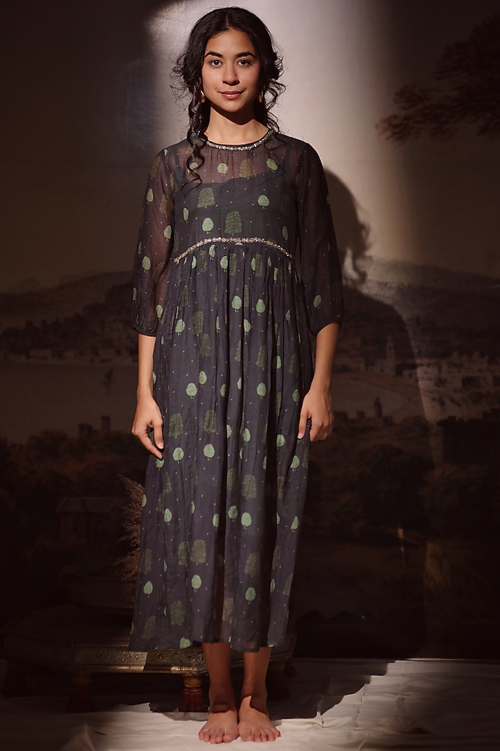 Black Handloom Chanderi Printed & Embroidered Dress by TATWA at Pernia's Pop Up Shop