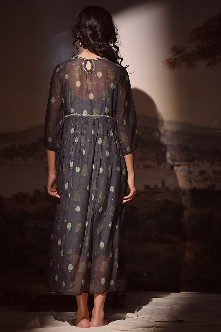 Black Handloom Chanderi Printed & Embroidered Summer Dress by TATWA at Pernia's Pop Up Shop