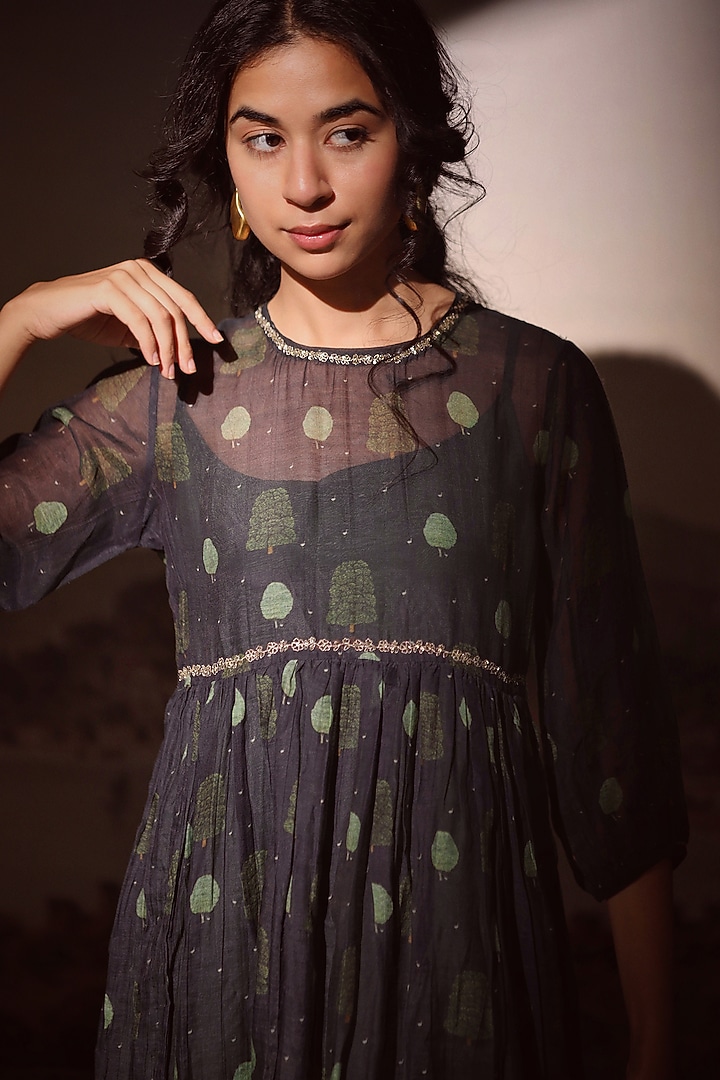 Black Handloom Chanderi Printed & Embroidered Summer Dress by TATWA at Pernia's Pop Up Shop