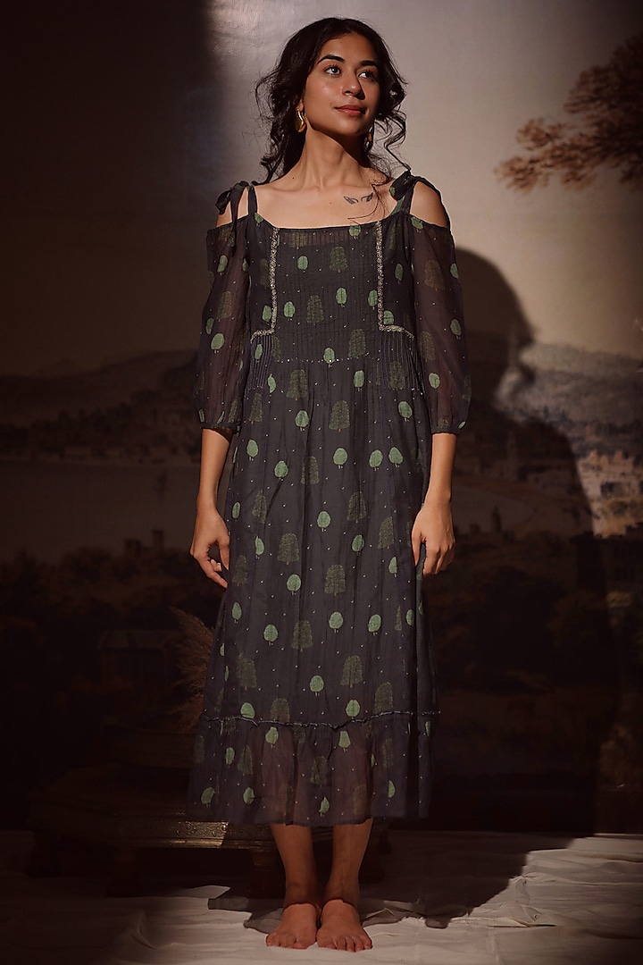 Black Handloom Chanderi Printed & Embroidered Dress by TATWA at Pernia's Pop Up Shop