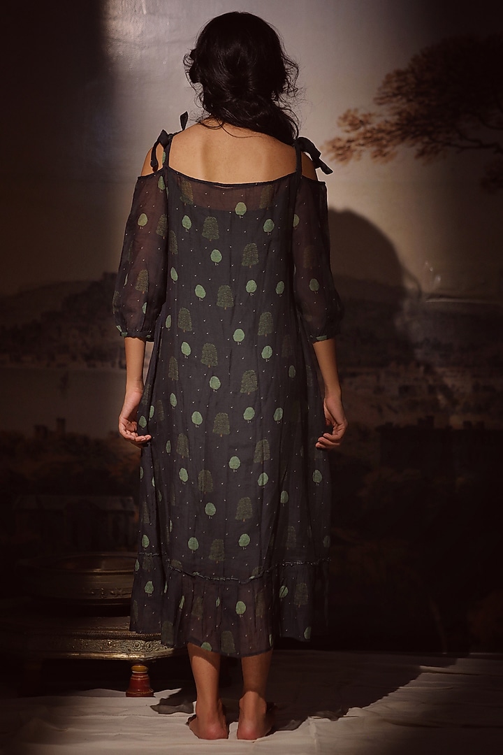 Black Handloom Chanderi Printed & Embroidered Summer Dress by TATWA at Pernia's Pop Up Shop