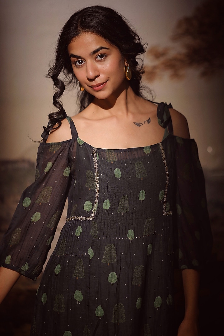 Black Handloom Chanderi Printed & Embroidered Summer Dress by TATWA at Pernia's Pop Up Shop