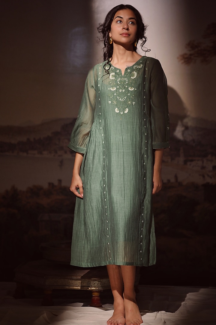 Green Fine Chanderi Dress by TATWA