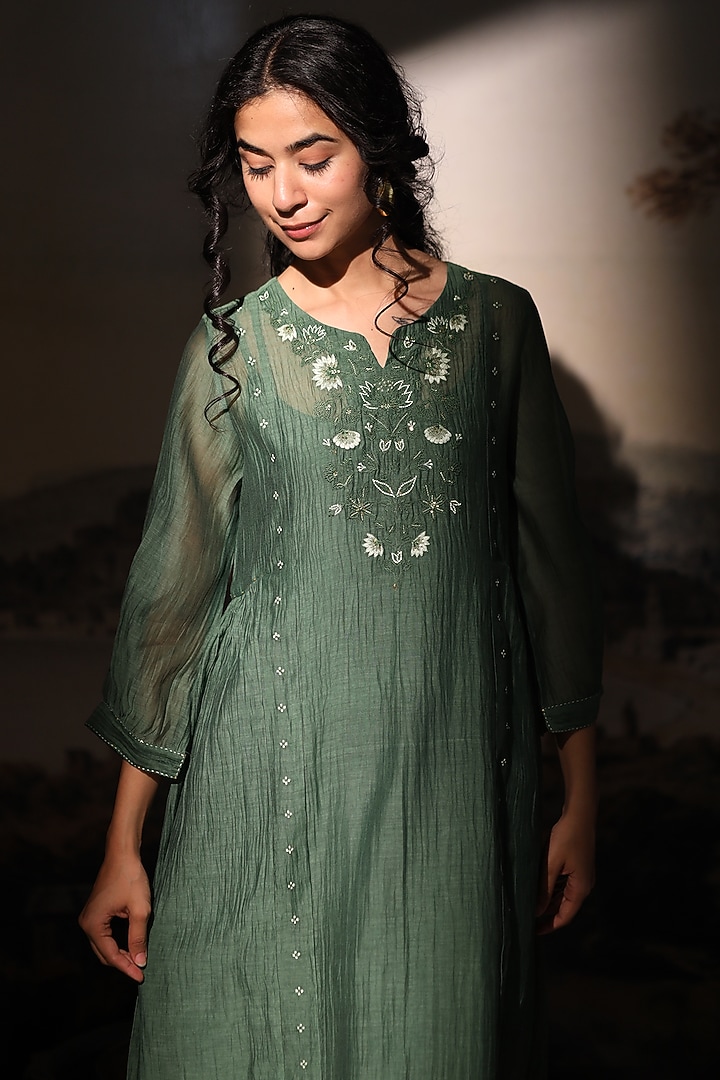 Green Fine Chanderi Summer Dress by TATWA at Pernia's Pop Up Shop