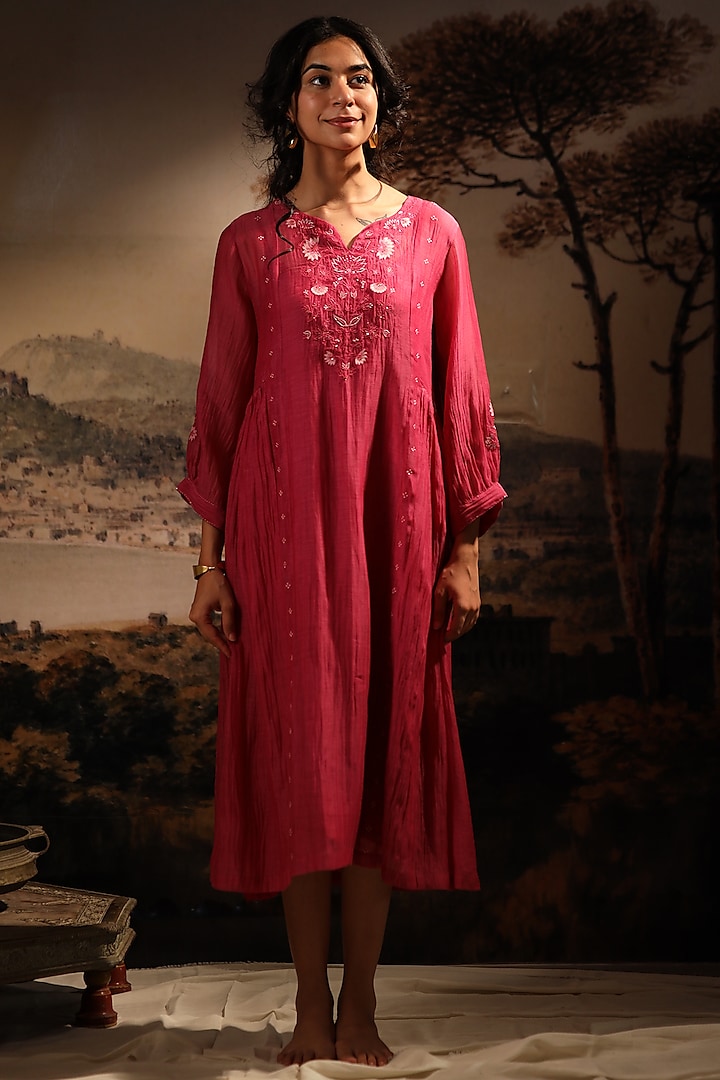 Hot Pink Fine Chanderi Dress by TATWA