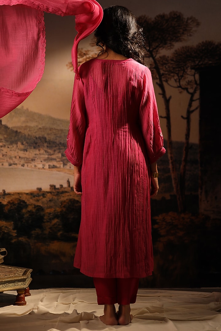 Hot Pink Handloom Chanderi Embroidered Dupatta by TATWA at Pernia's Pop Up Shop