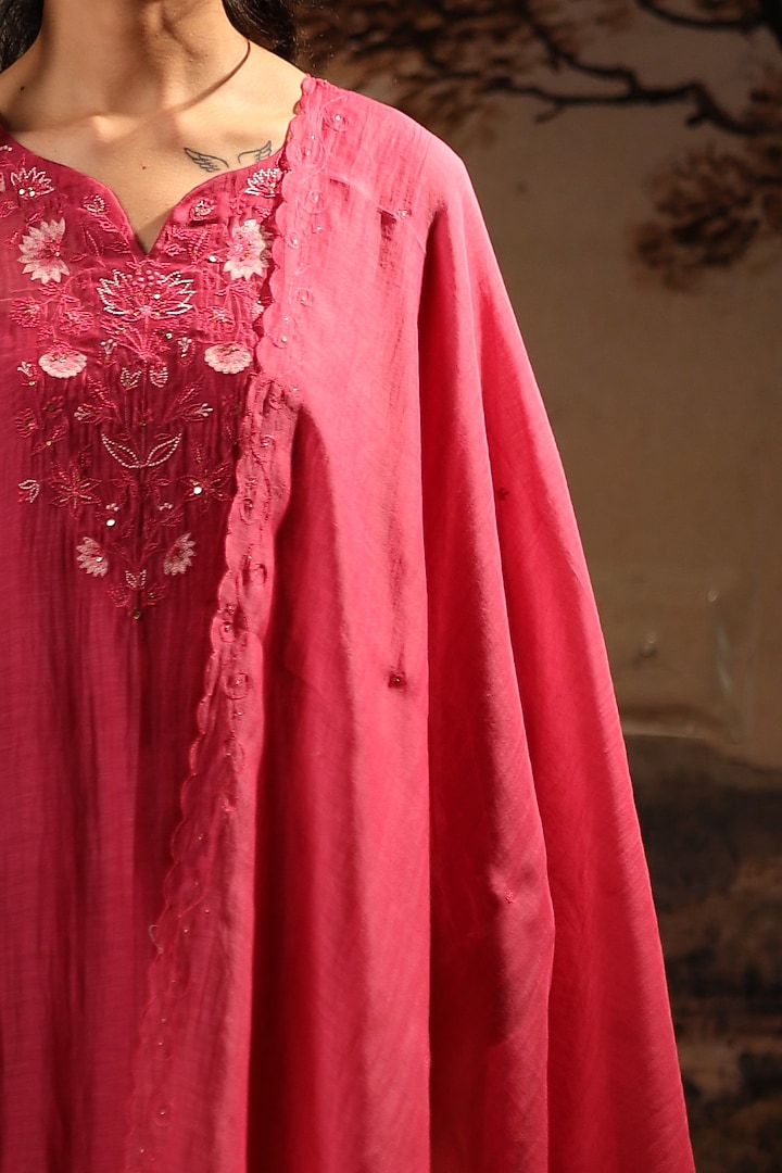 Hot Pink Handloom Chanderi Embroidered Dupatta by TATWA at Pernia's Pop Up Shop