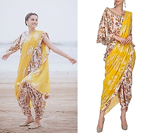 Ivory & Yellow Crepe Handpainted Dhoti Saree Set by Nikasha