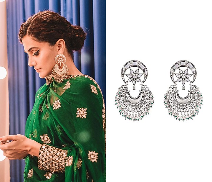 Antique Silver Finish Mirror Chandbali Earrings by Ritika Sachdeva at Pernia's Pop Up Shop