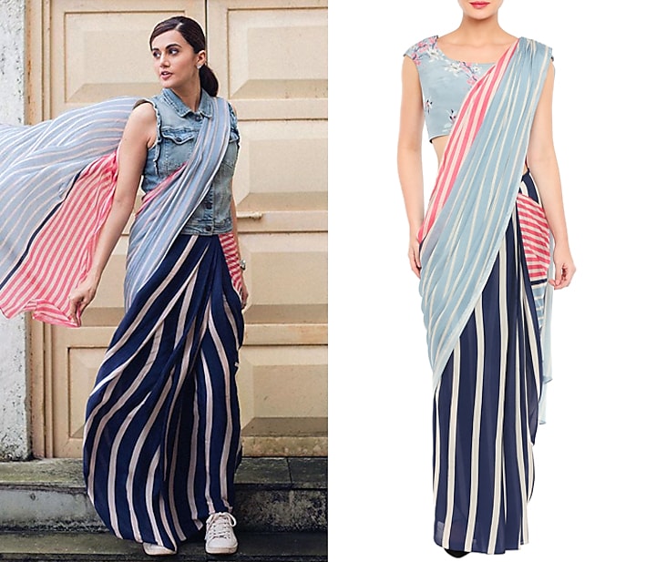 Multi-Colored Crepe Stripes Printed Saree Set  by Soup by Sougat Paul