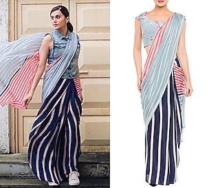 Multi-Colored Crepe Stripes Printed Saree Set  by Soup by Sougat Paul