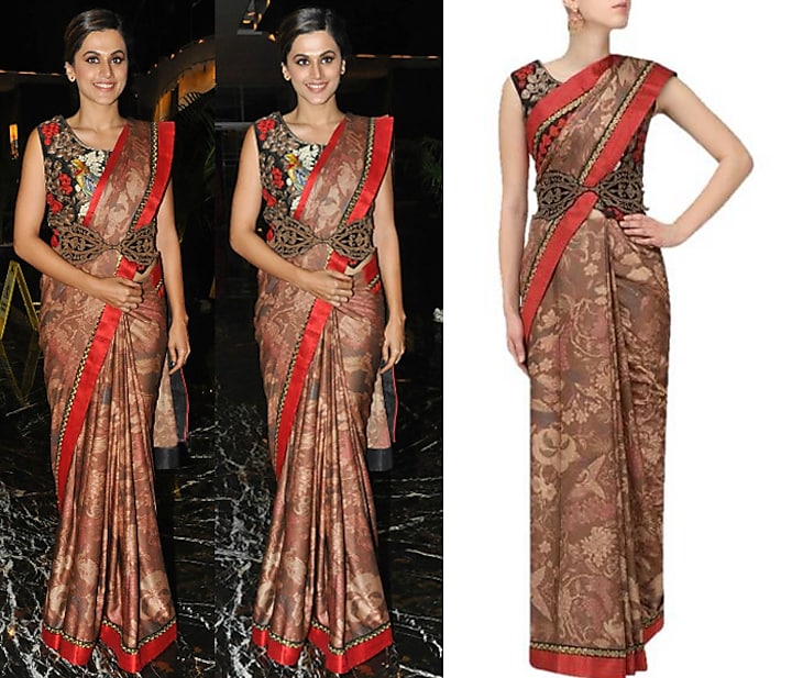 Brown Embroidered Saree with Blouse and Waistbelt by Aharin India