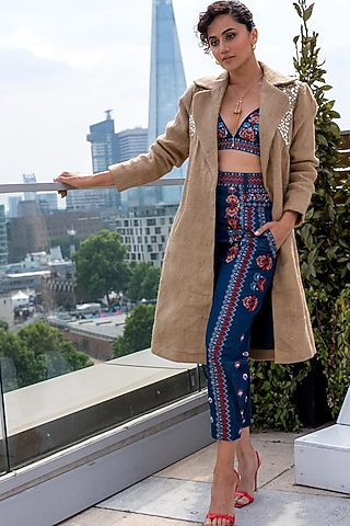 Denim Blue Embroidered High-Waisted Pants by Dash and Dot