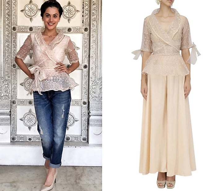 Beige organza wrap shirt and sharara pants set available only at Pernia's Pop Up Shop.