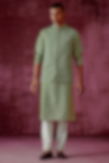 Sage Green Cotton Silk Embroidered Bundi Jacket Set by Pouli Pret Men at Pernia's Pop Up Shop