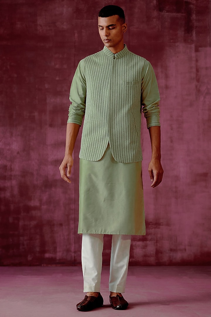 Sage Green Cotton Silk Embroidered Bundi Jacket Set by Pouli Pret Men at Pernia's Pop Up Shop