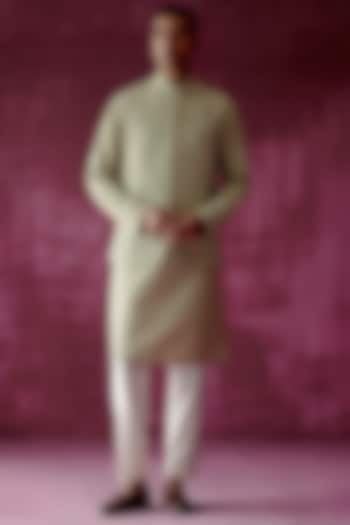 Sage Green Cotton Silk Embroidered Bundi Jacket Set by Pouli Pret Men at Pernia's Pop Up Shop