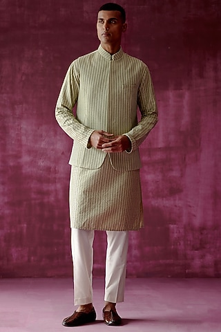 Sage Green Cotton Silk Embroidered Bundi Jacket Set by Pouli Pret Men