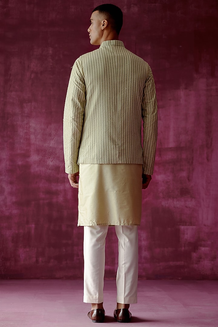 Sage Green Cotton Silk Embroidered Bundi Jacket Set by Pouli Pret Men at Pernia's Pop Up Shop