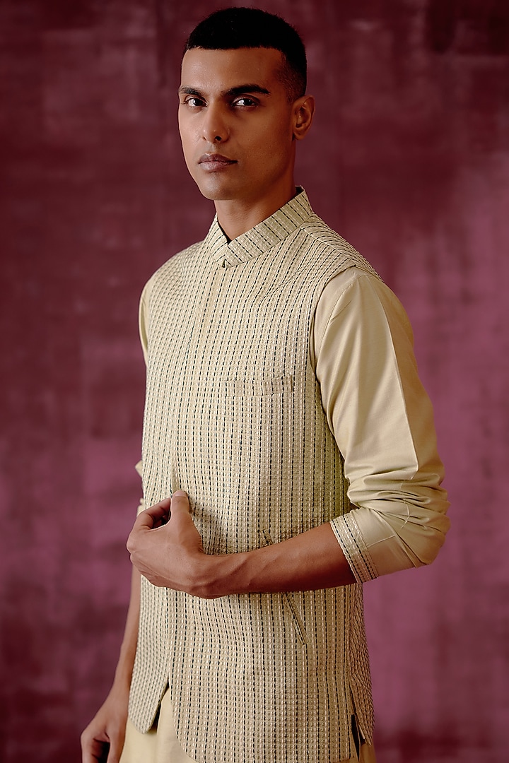 Sage Green Cotton Silk Embroidered Bundi Jacket Set by Pouli Pret Men at Pernia's Pop Up Shop