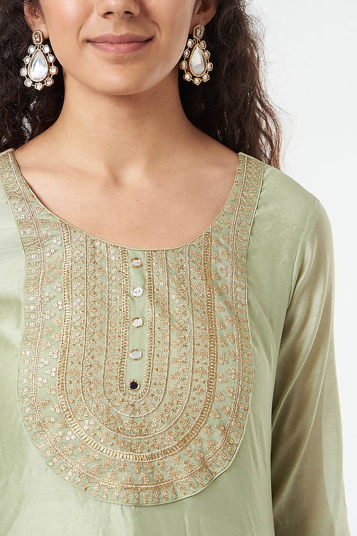 Pistachio Green Embroidered Kurta Set by POULI at Pernia's Pop Up Shop