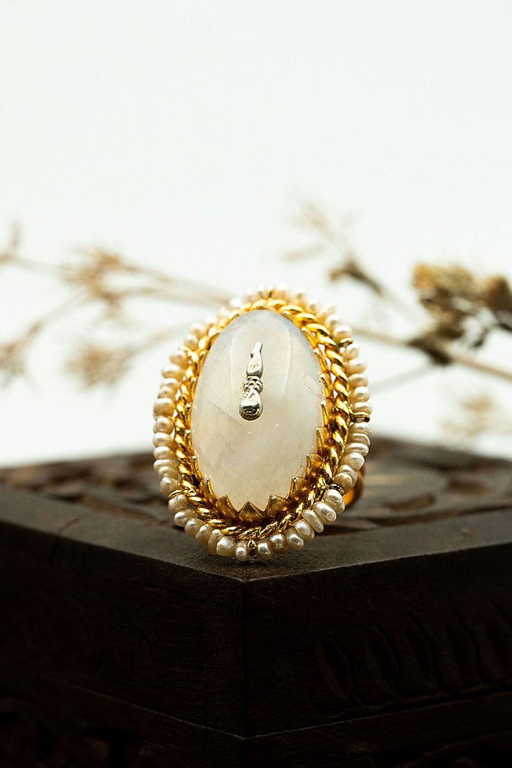 Gold Finish Moonstone & Pearl Ring In Sterling Silver by Tanvi Garg at Pernia's Pop Up Shop