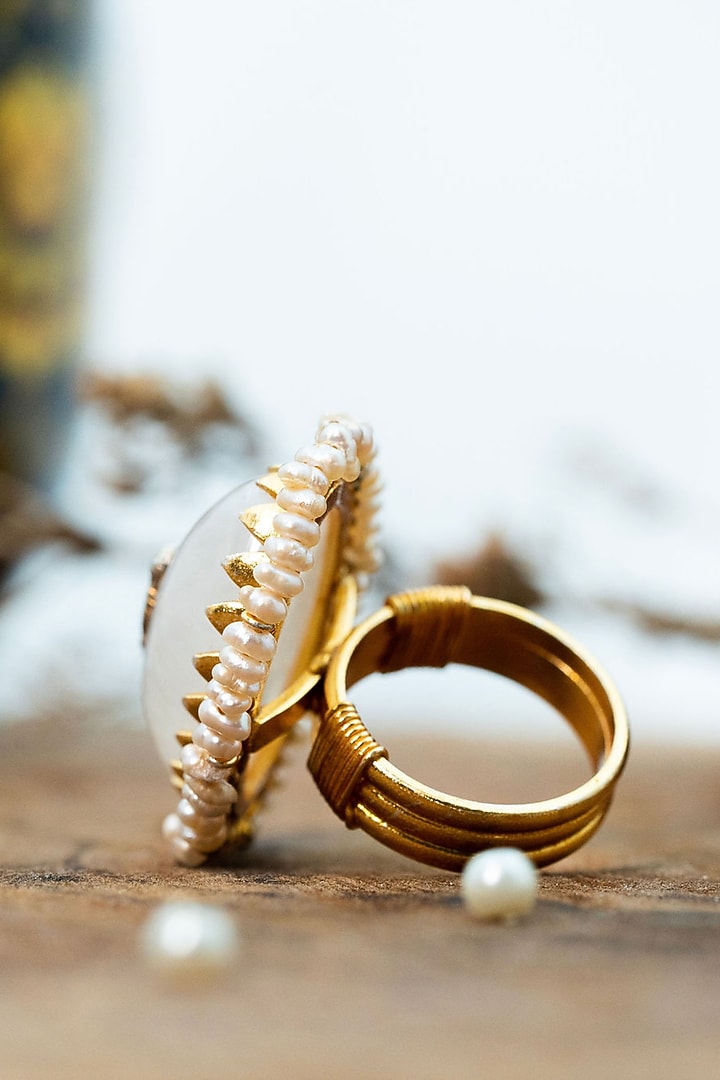 Gold Finish Moonstone & Pearl Ring In Sterling Silver by Tanvi Garg at Pernia's Pop Up Shop