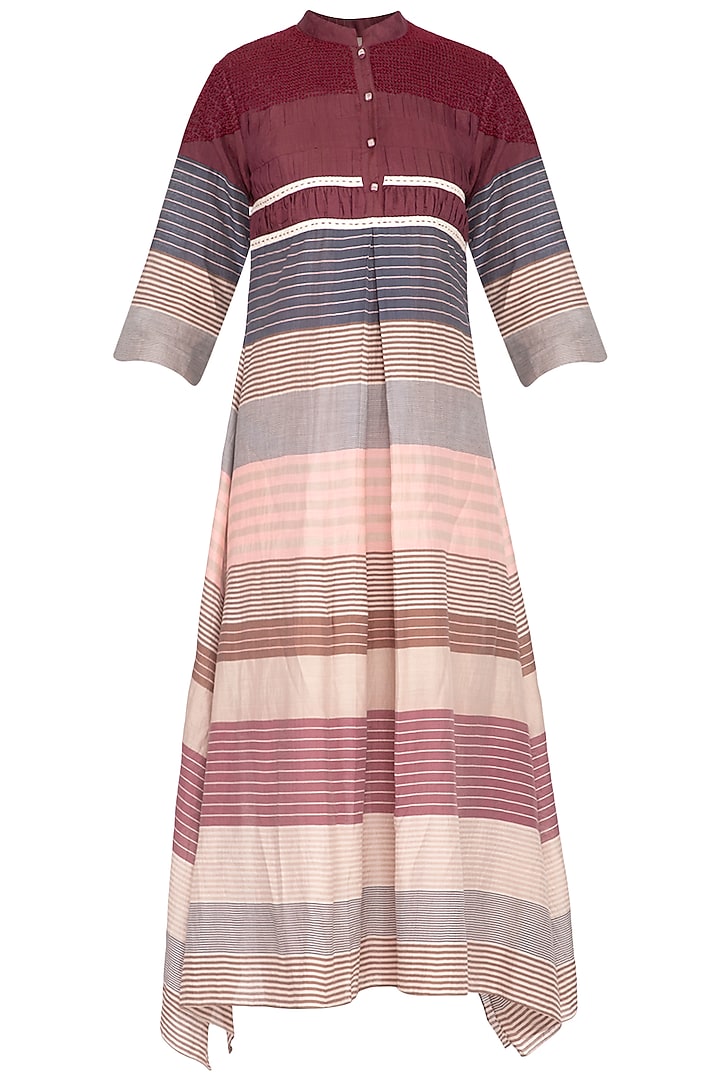 Multicolored striped pleated dress by Tahweave at Pernia's Pop Up Shop