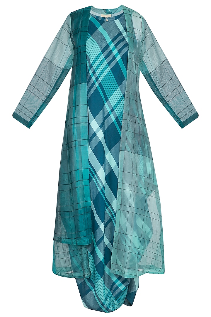 Green checks drape dress with overlayer jacket by Tahweave