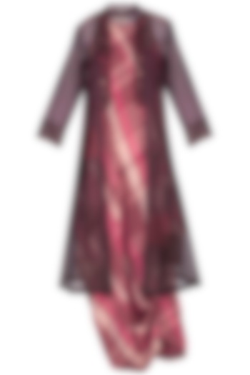 Pink checks drape dress with plum overlayer jacket by Tahweave
